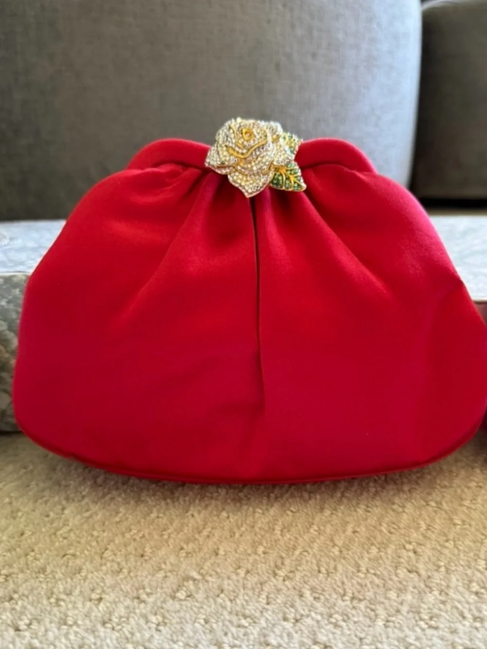 Vintage Judith Leiber Red Clutch with Gold Rose Accent